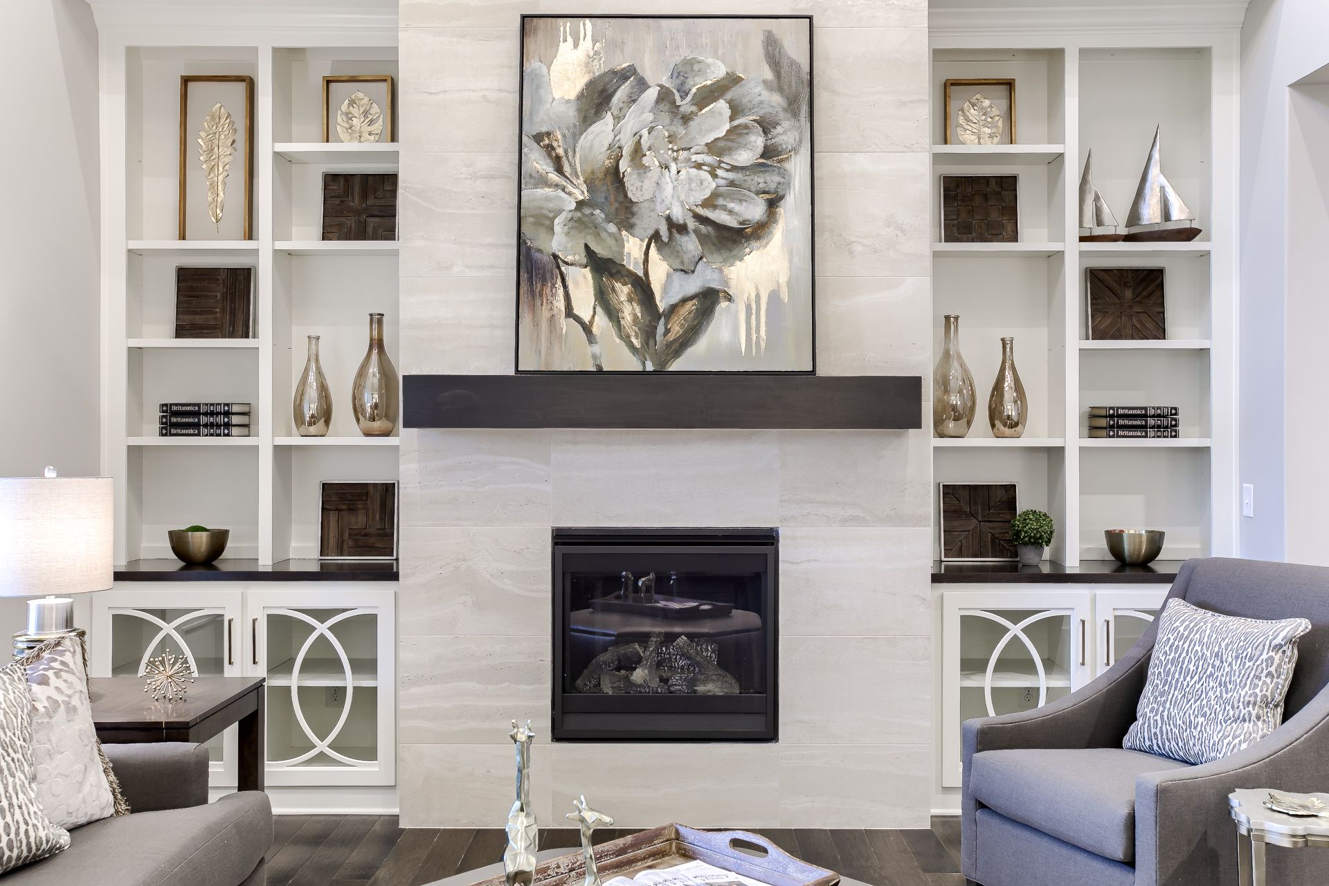 Gabriel Homes living room with built-in fireplace wall
